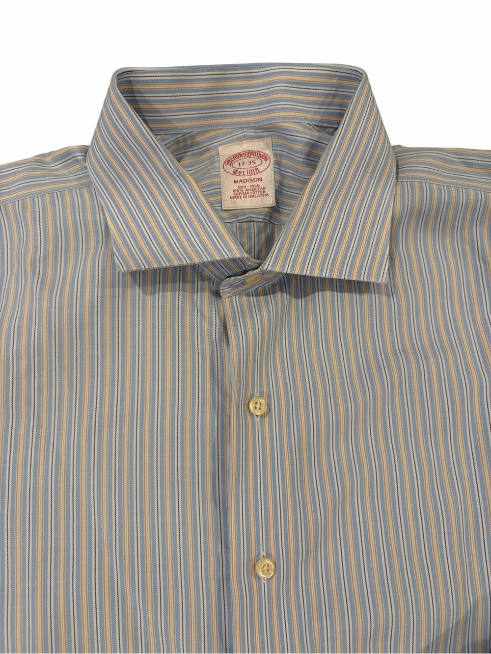 Brooks Brothers Madison Shirt 17/35 Blue Yellow Stripe‎ Supima Cotton EUC